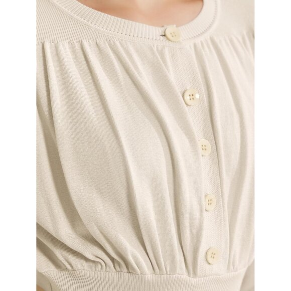 Women's Ribbed Knit Midi Dress Crew Neck Pleated Bishop Sleeve Casual - Picture 5 of 5